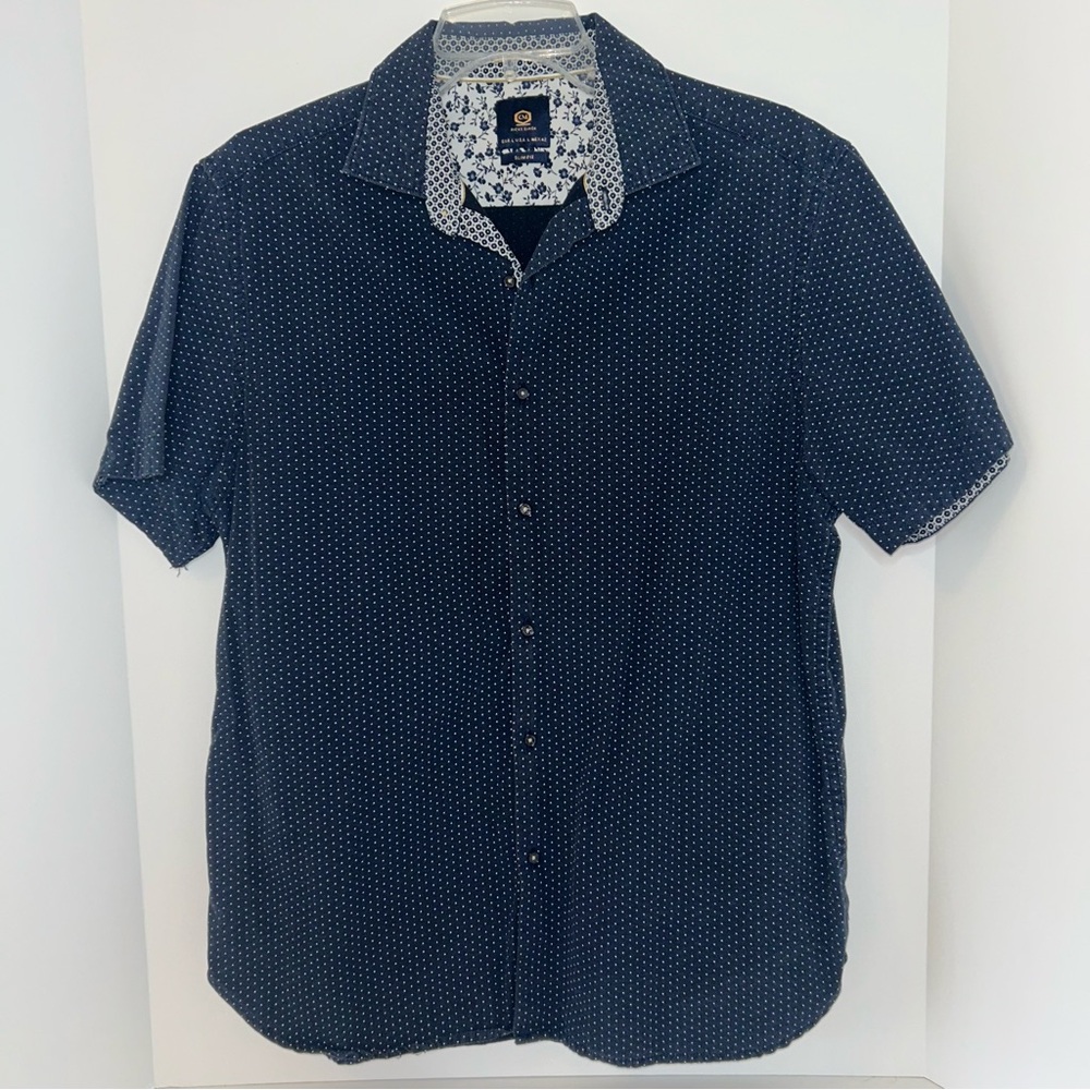 Ricky Singh men’s navy white Swiss dot short sleeve‎ shirt slim fit size Large
